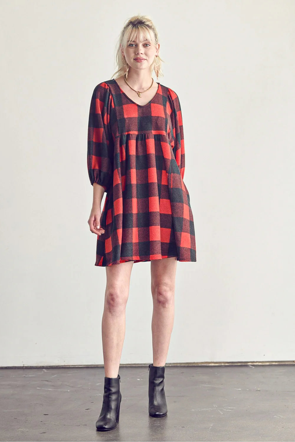 Plus Size Fleece Buffalo Plaid V Neck Puff Sleeve Cozy Casual Fall Winter Swing Dress