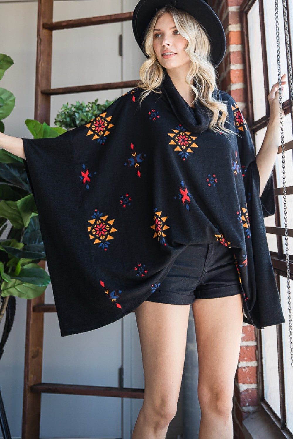 Western Boho Aztec Print Cowl Neck Soft Knit Fashion Oversize Poncho
