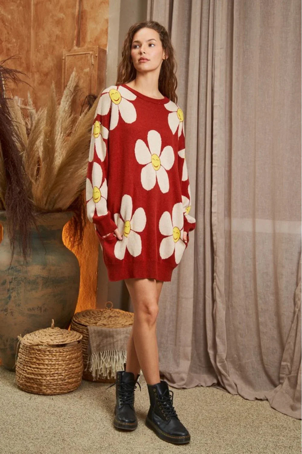 Western Boho Happy Daisy Floral Oversized Long Sleeve Sweater - Tasha Apparel Wholesale
