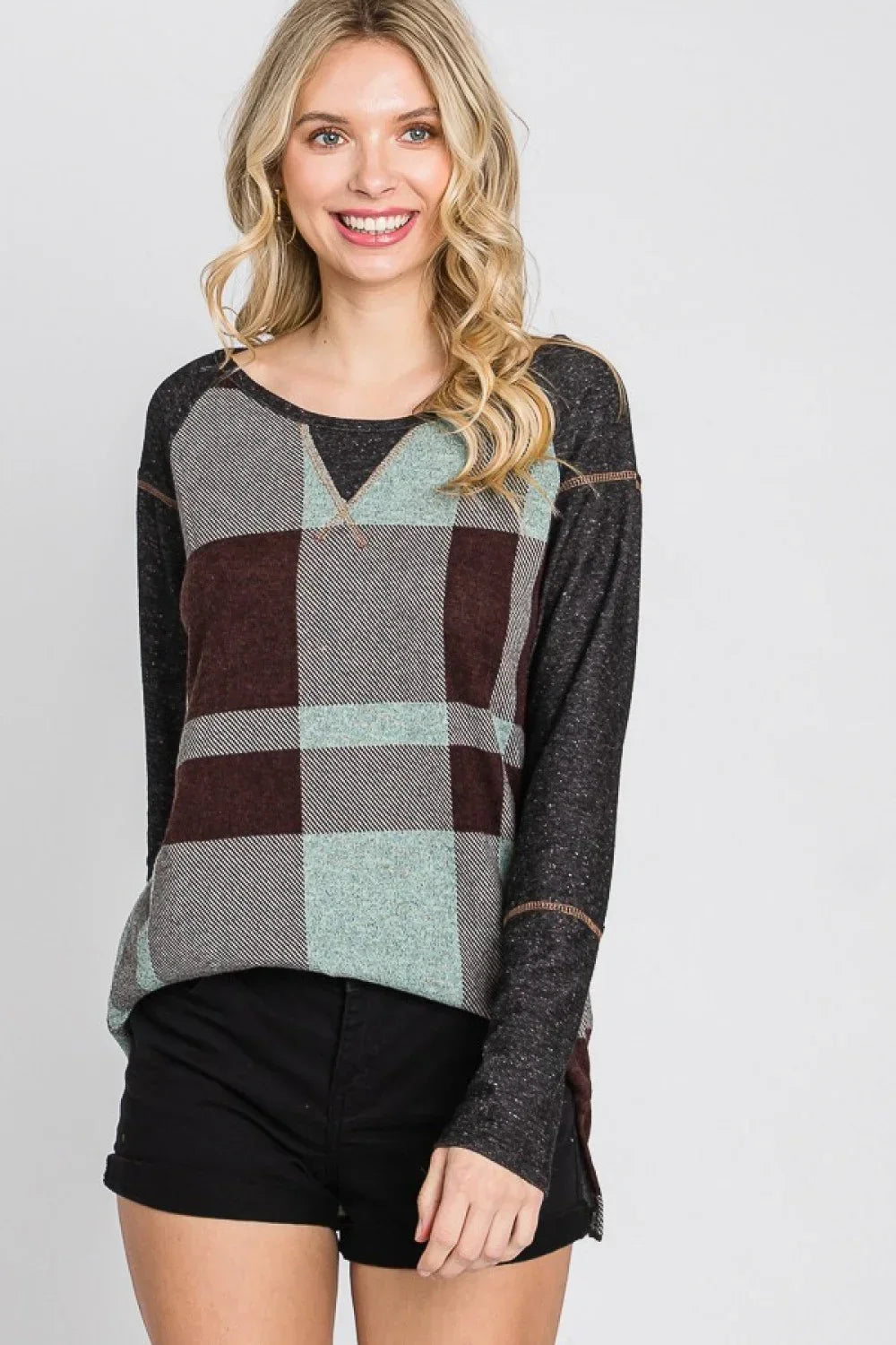 Plus Size Reverse Stitch Detail Buffalo Plaid Color Block Long Sleeve Casual Top - Tasha Apparel Wholesale