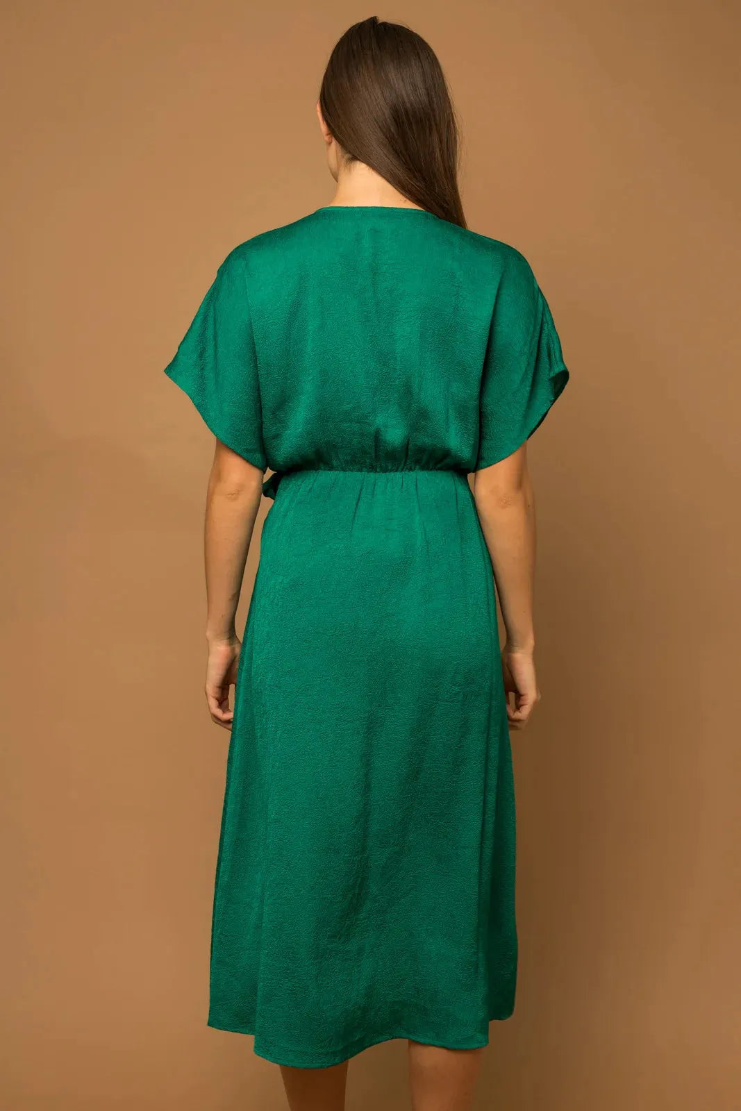 Wrap Short Sleeve Asymmetric Hem Midi Dress - Tasha Apparel Wholesale