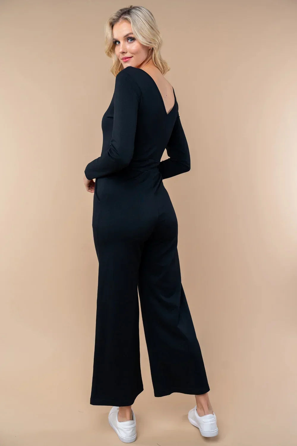 Long Sleeve V Neck Wide Leg Drawstring Waist Casual Boutique Jumpsuit - Tasha Apparel Wholesale