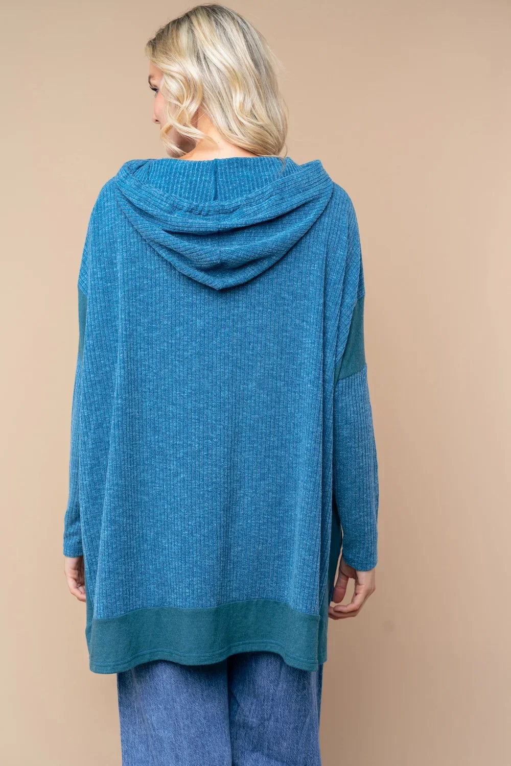 Ribbed Knit Colorblock Hooded Sweater Oversized Relaxed Fit Boutique Top