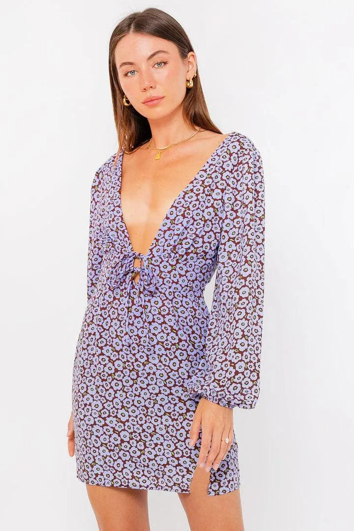 Wholesale Ditsy Floral Long Puff Sleeve Deep V-Neck Mini Dress