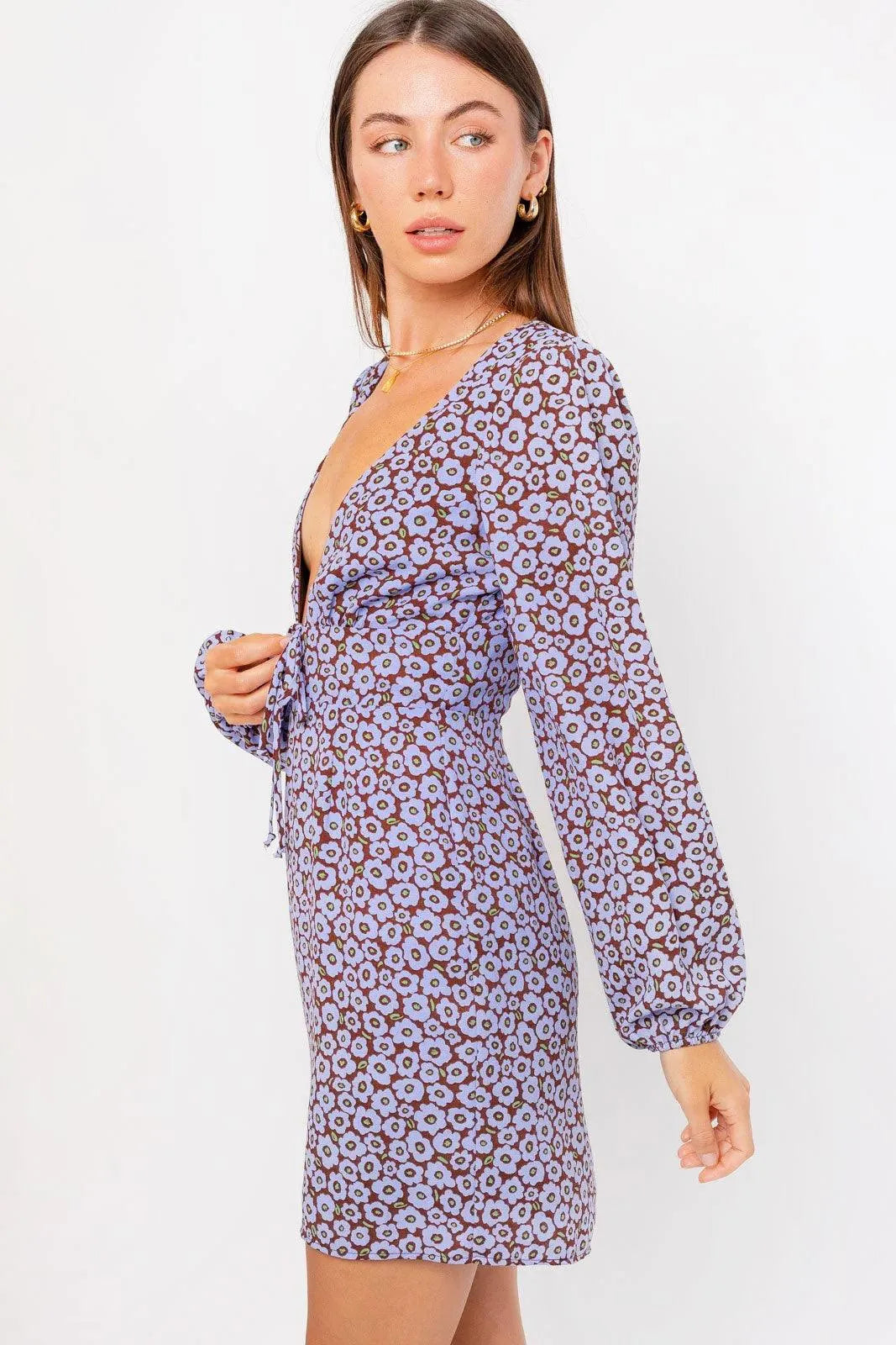 Ditsy Floral Long Puff Sleeve Deep V-Neck Mini Dress - Tasha Apparel Wholesale
