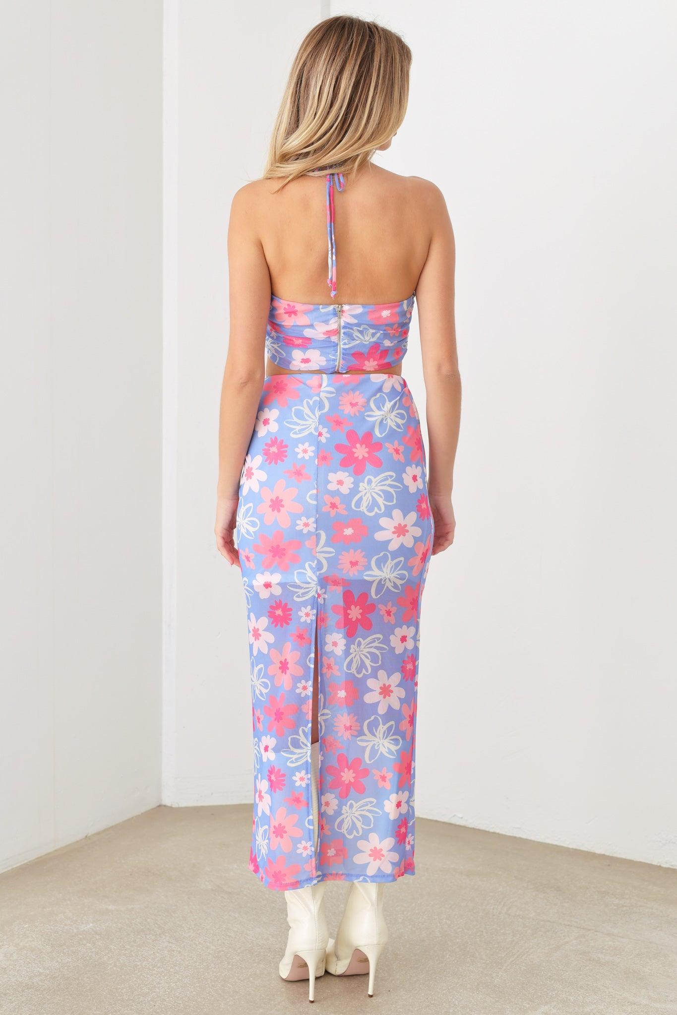 Summer Cute A Mesh Floral Crop Halter Top & Maxi Floral Side Slit Skirt Set - Tasha Apparel