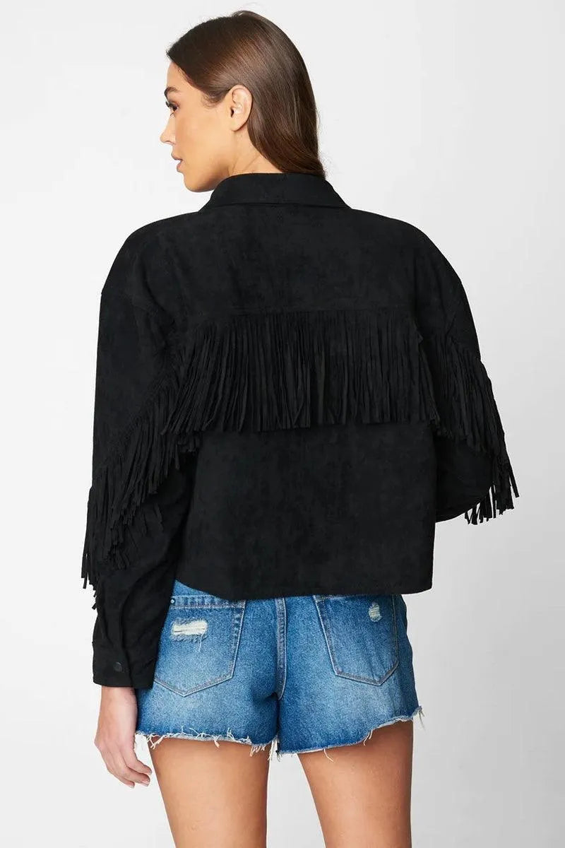 Suede Leather Fringe Collared Neck Two Pocket Long Sleeve Jacket - Tasha Apparel Wholesale