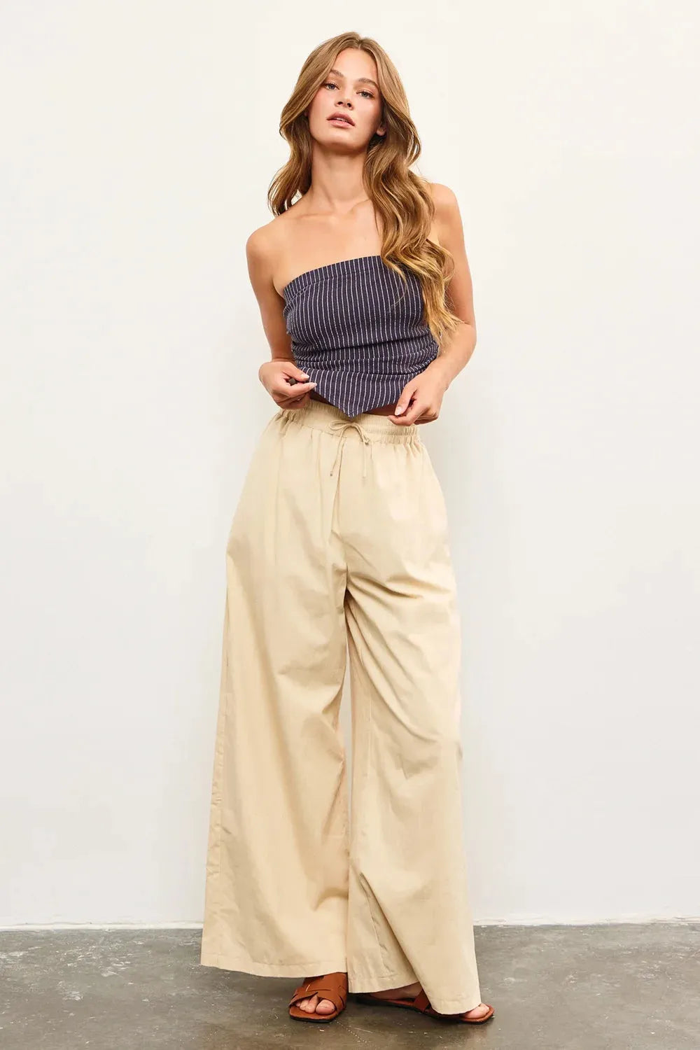 100% Cotton Elastic Waist Tie Front Wide Leg Palazzo Pants - Tasha Apparel Wholesale