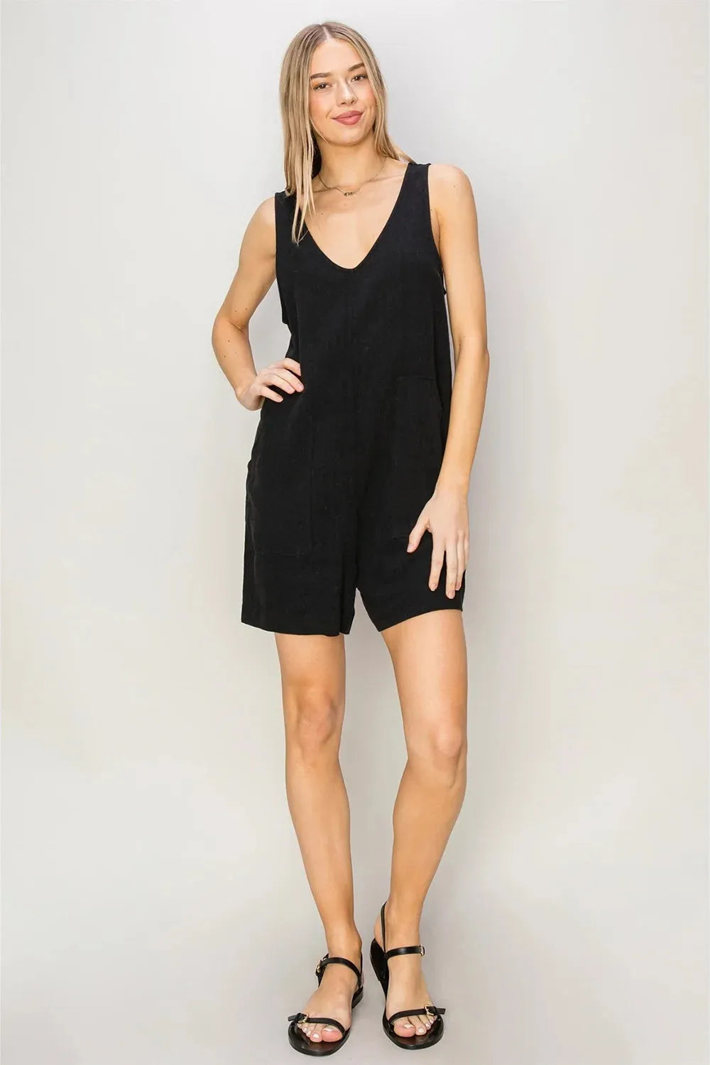 Boho Linen Side Pockets Sleeveless Flowy Romper - Tasha Apparel Wholesale