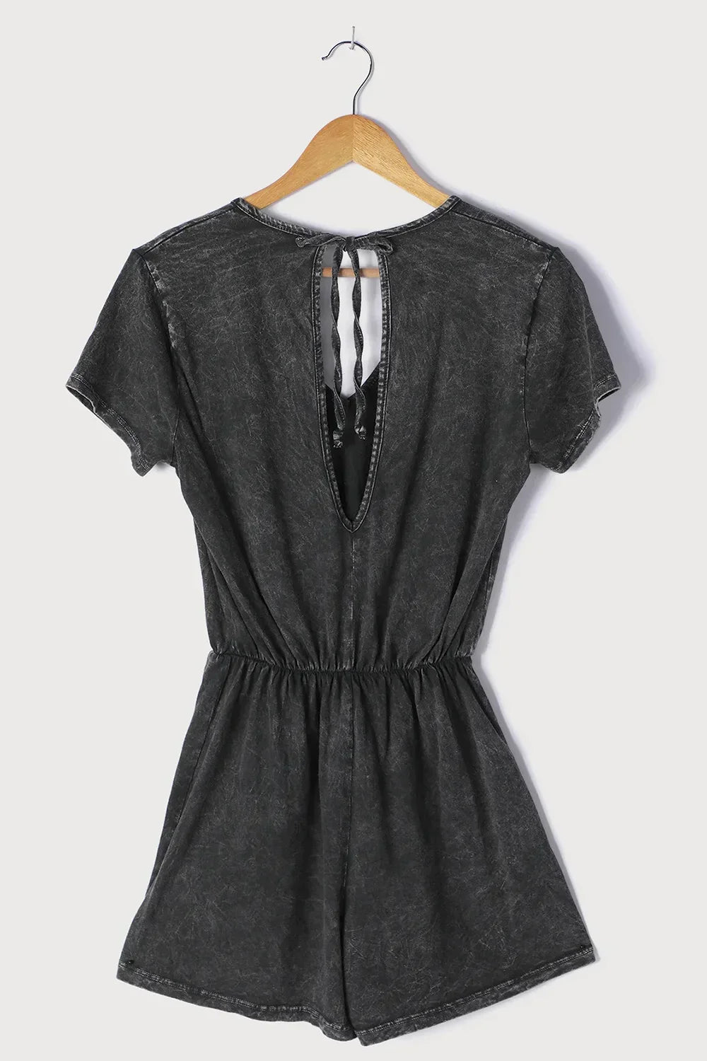 Black Acid Wash Open Back Tie Detail Short Sleeve Romper