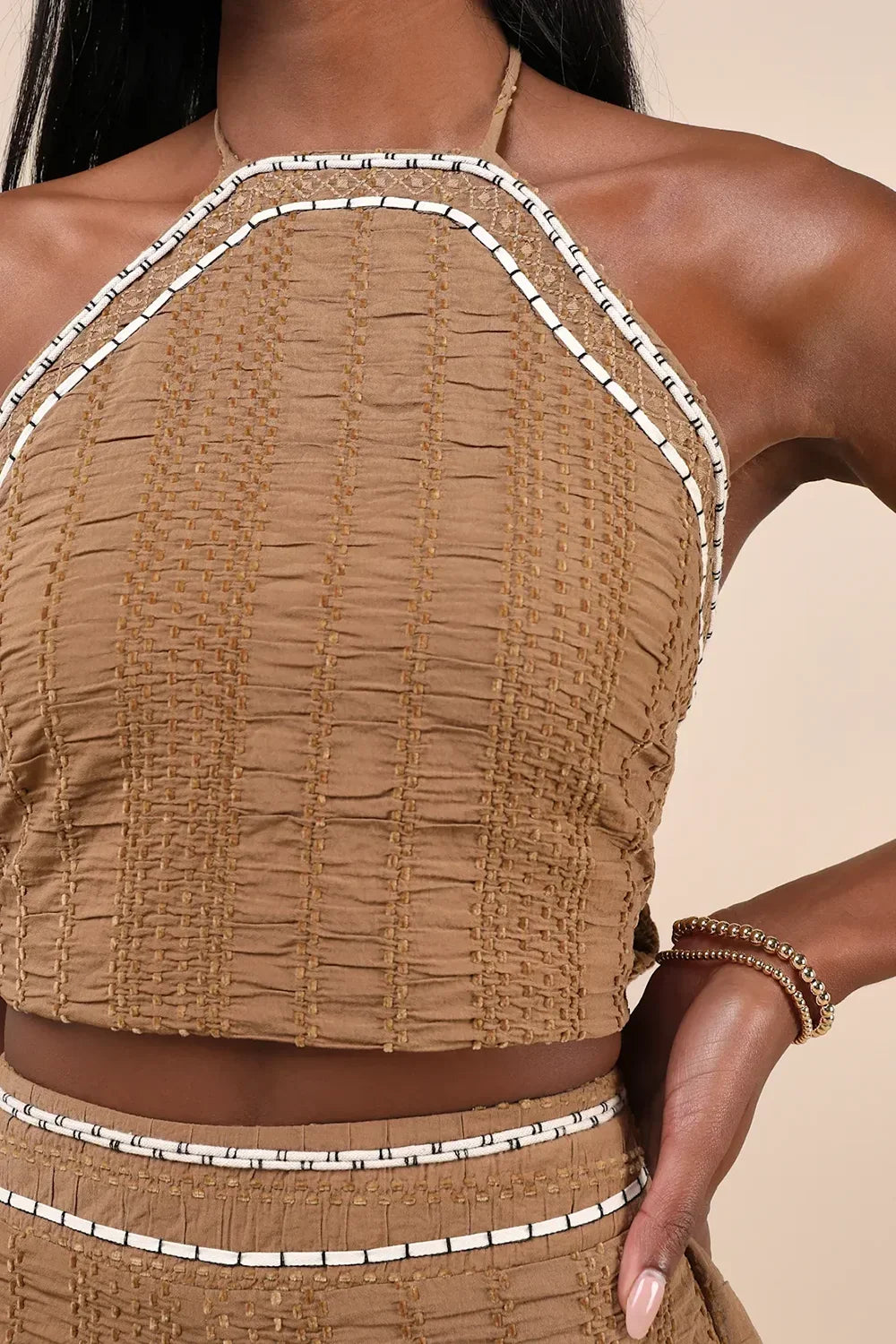 Sunny Confidence Tan Textured Velvet Sleeveless Bandeau Crop Halter Top