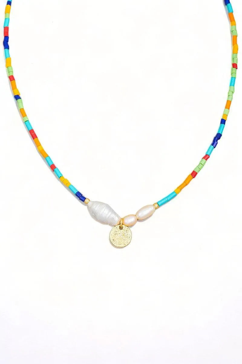 Colorful Bead Pearl Coin Charm Necklace - Tasha Apparel Wholesale