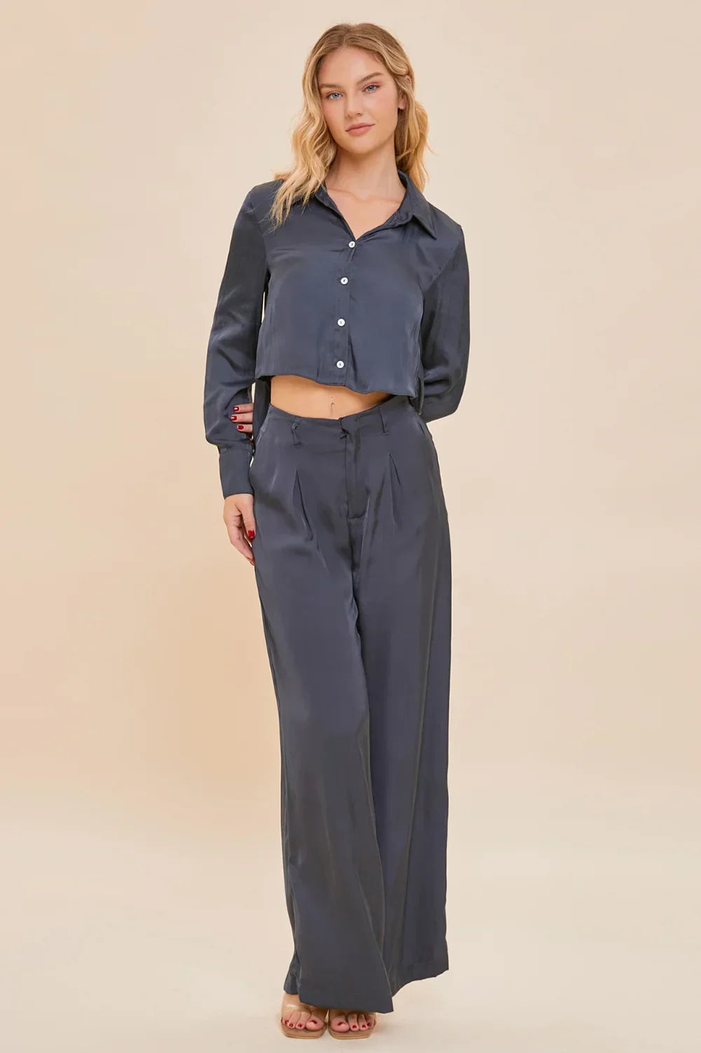 Black Tie Navy Dreams Cropped Satin Button-Up Shirt - Tasha Apparel Wholesale