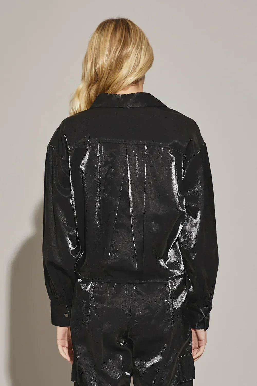 Metallic Satin Snap Button Shirring Collared Blouse Top - Tasha Apparel Wholesale