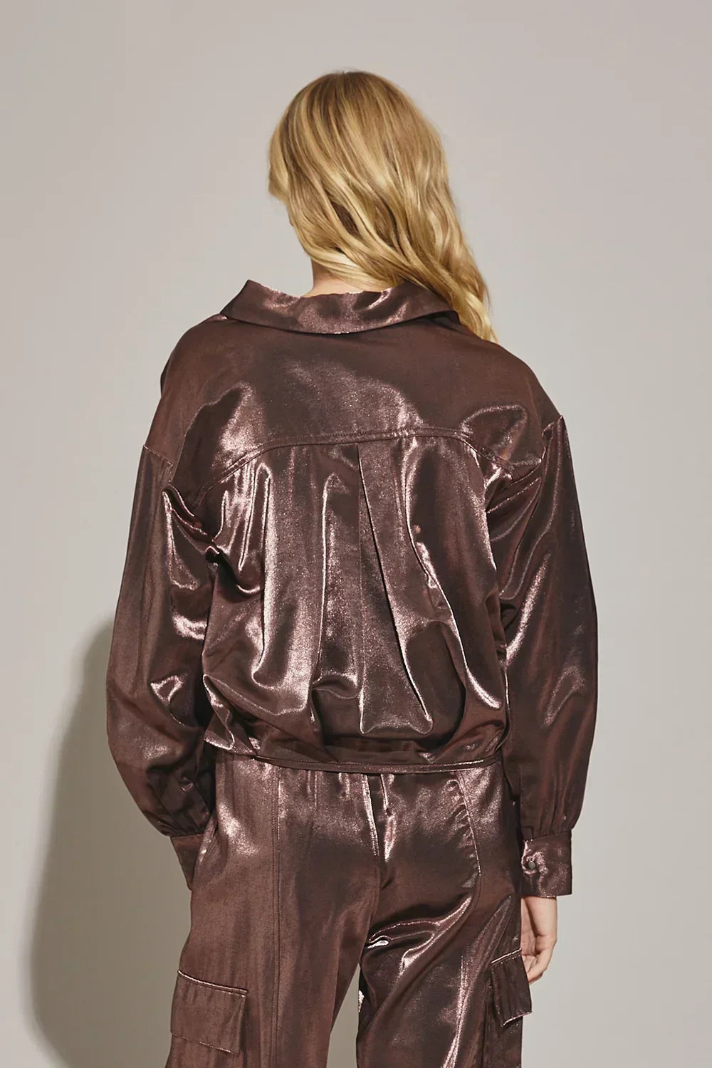 Metallic Satin Snap Button Shirring Collared Blouse Top - Tasha Apparel Wholesale