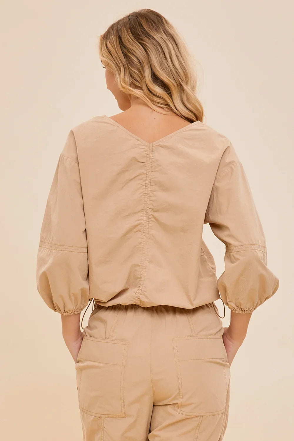 Safari Cotton Dreams Balloon Sleeve Tan Utility V-Neck Blouse - Tasha Apparel Wholesale