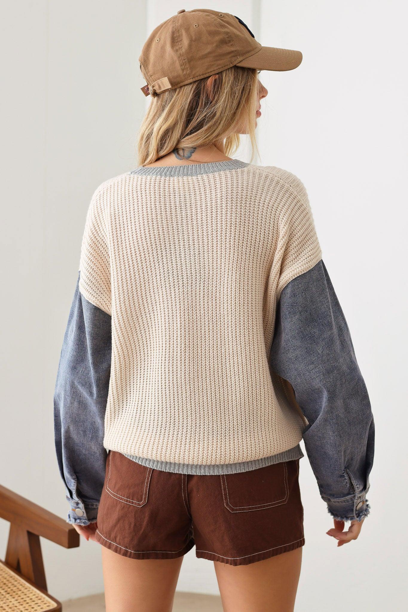 Vintage Long Denim Sleeve Gray Hem Gray Round Neck Line Sweater - Tasha Apparel Wholesale