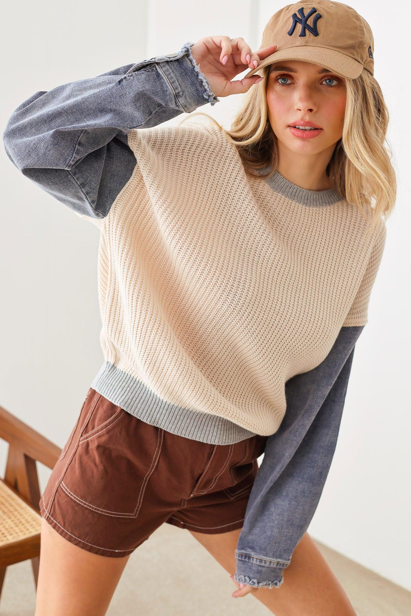 Vintage Long Denim Sleeve Gray Hem Gray Round Neck Line Sweater - Tasha Apparel Wholesale