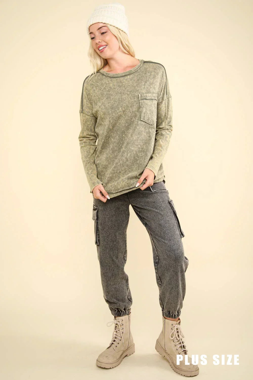 Plus Size Mineral Acid Washed Long Sleeve Crew Neck Relaxed Fit Top - Tasha Apparel Wholesale