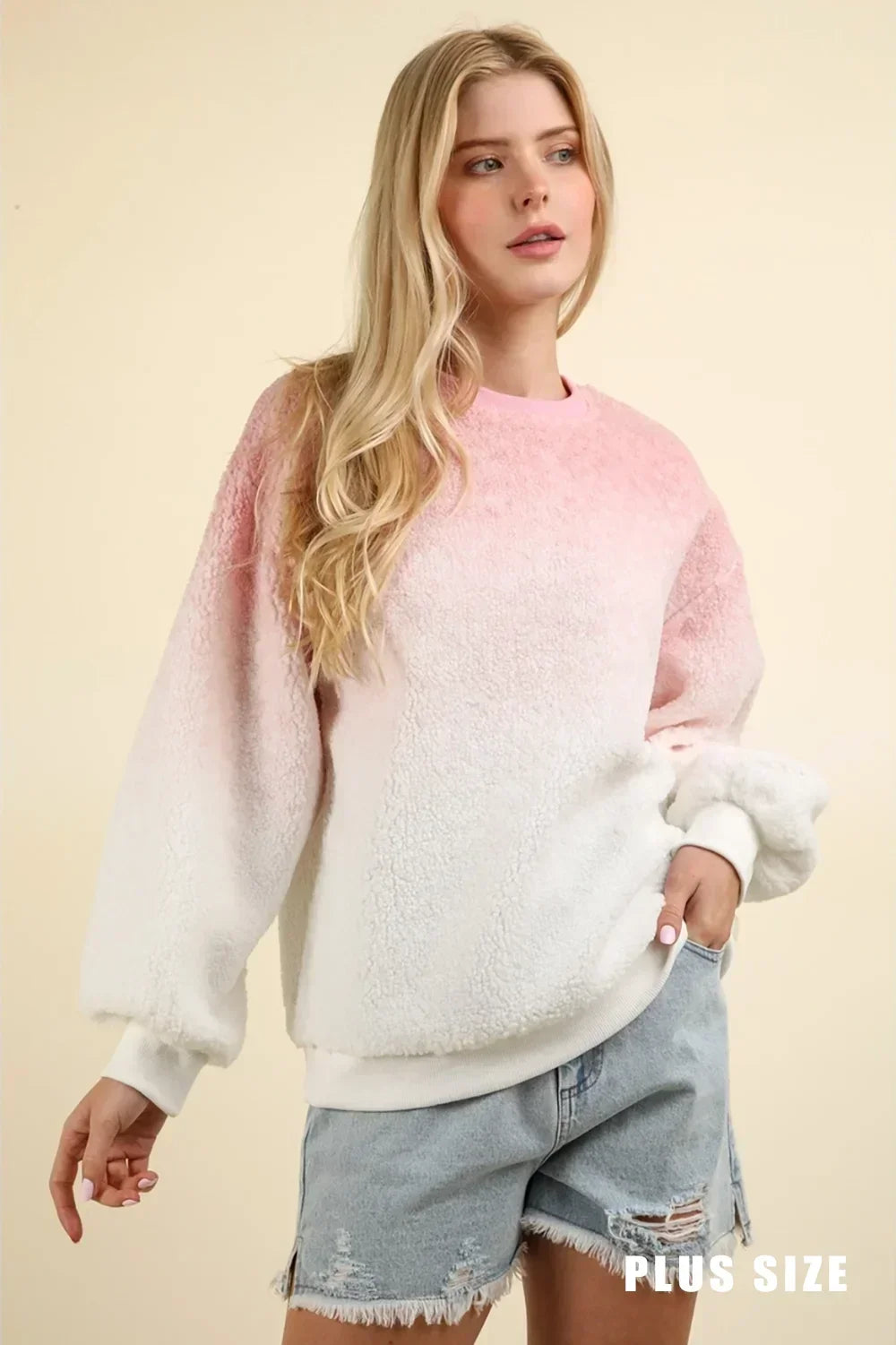 Plus Size Ombre Fuzzy Pullover Soft Plush Crew Neck Sweatshirt - Tasha Apparel Wholesale
