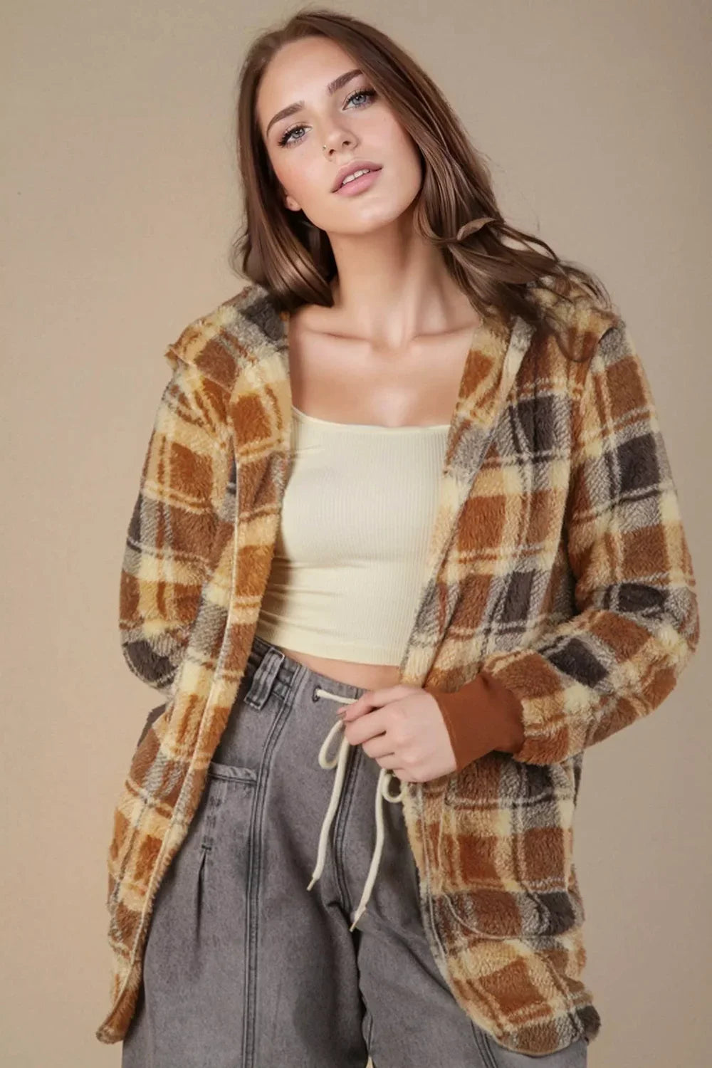 Trendy Oversized Plaid Sherpa Fleece Hooded Shacket Layering Jacket