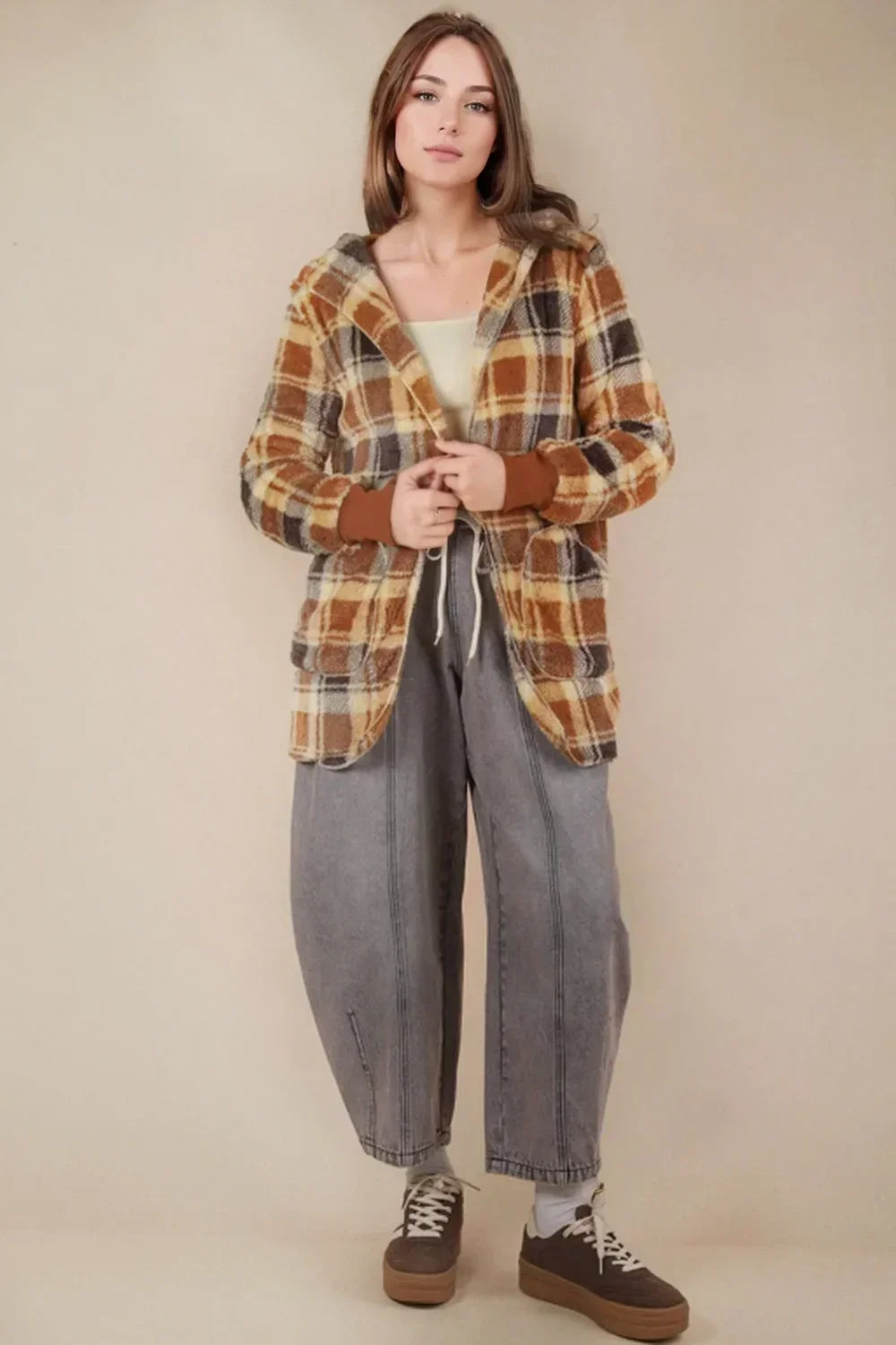 Trendy Oversized Plaid Sherpa Fleece Hooded Shacket Layering Jacket