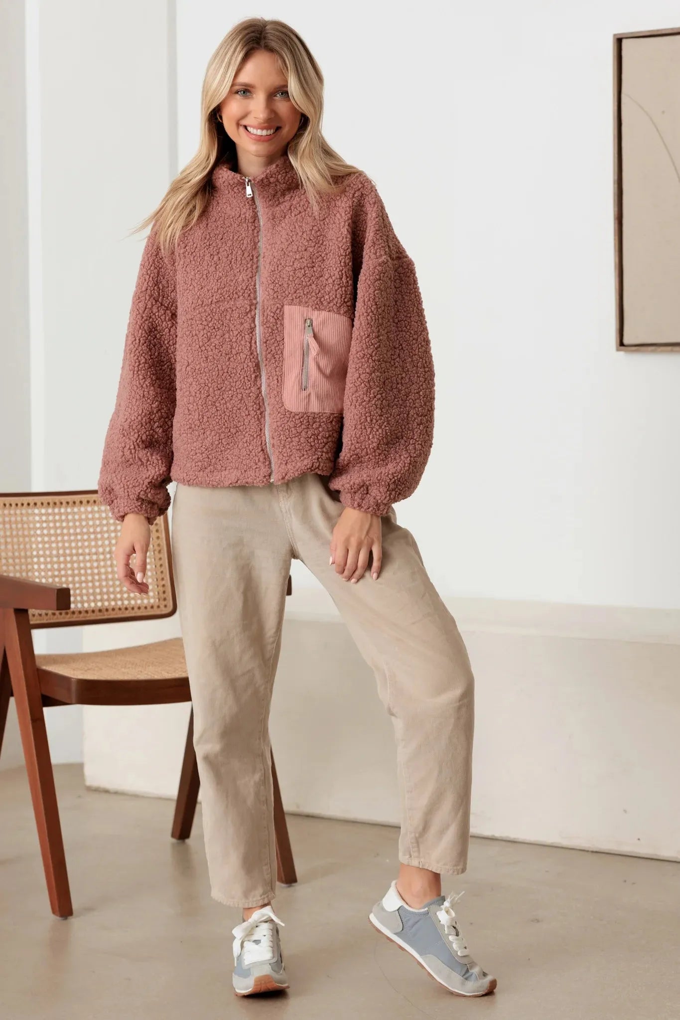 Sherpa Long Sleeve Ribbed Pocket Mock Neck Jacket - Tasha Apparel Wholesale