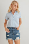 Baby Blue Textured Button-Up Short Sleeve Collar Neck Crop T-Shirt /2-2-2