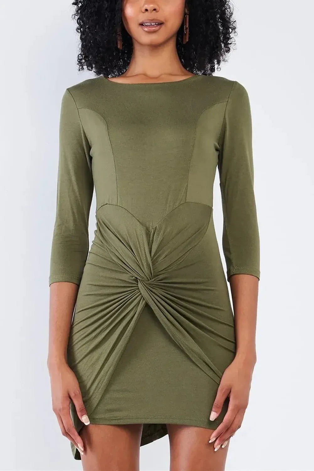 Olive Green 3/4 Sleeves Twist Front Bodycon Mini Dress Olive Green 3/4 Sleeves Twist Front Bodycon Mini Dress