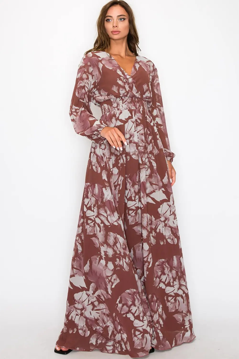 Romantic Leaf Print Long Sleeve Chiffon Boutique Boho Maxi Dress
