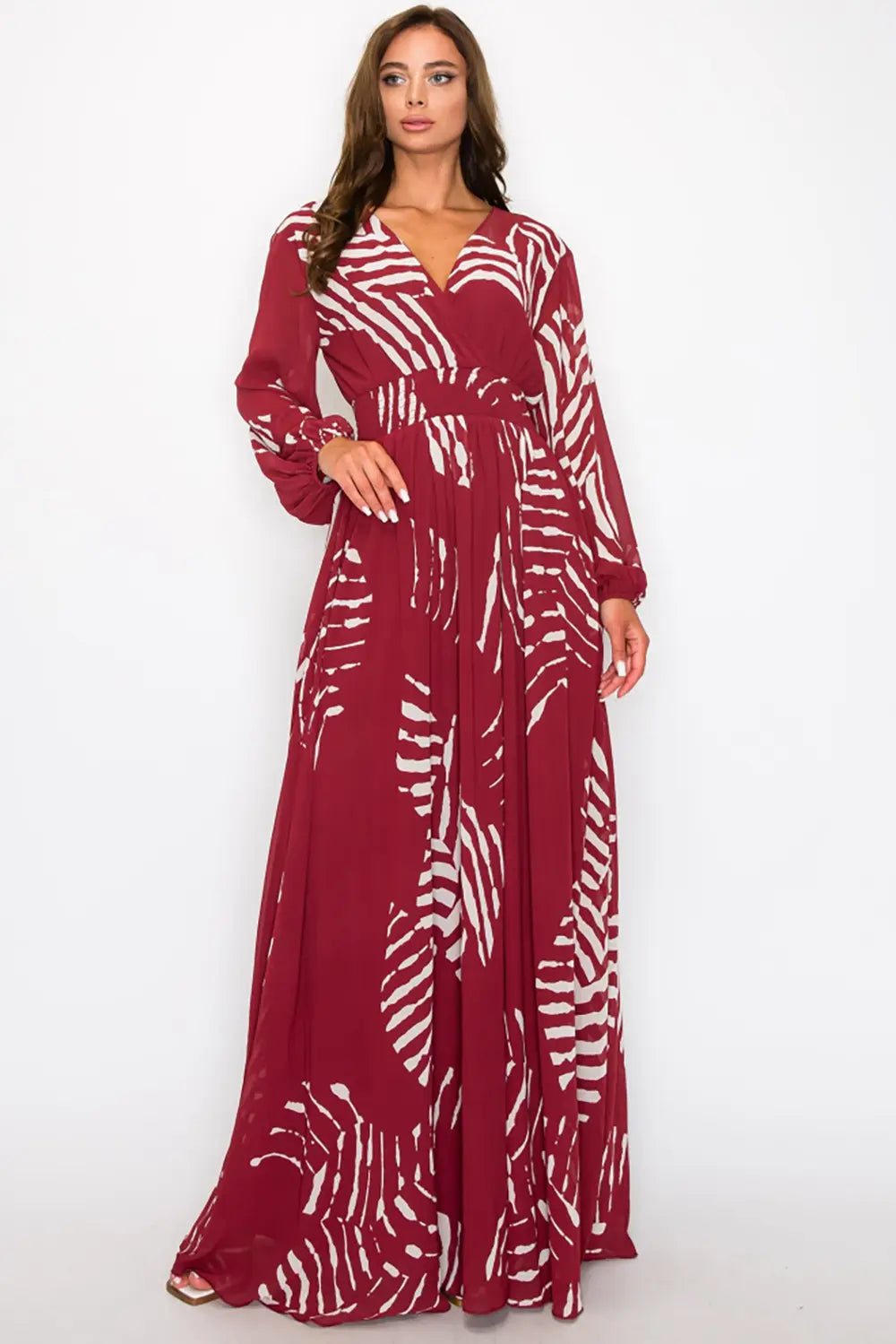 Abstract Print Wrap Bust Long Sleeve Boutique Fashion Chiffon Maxi Dress
