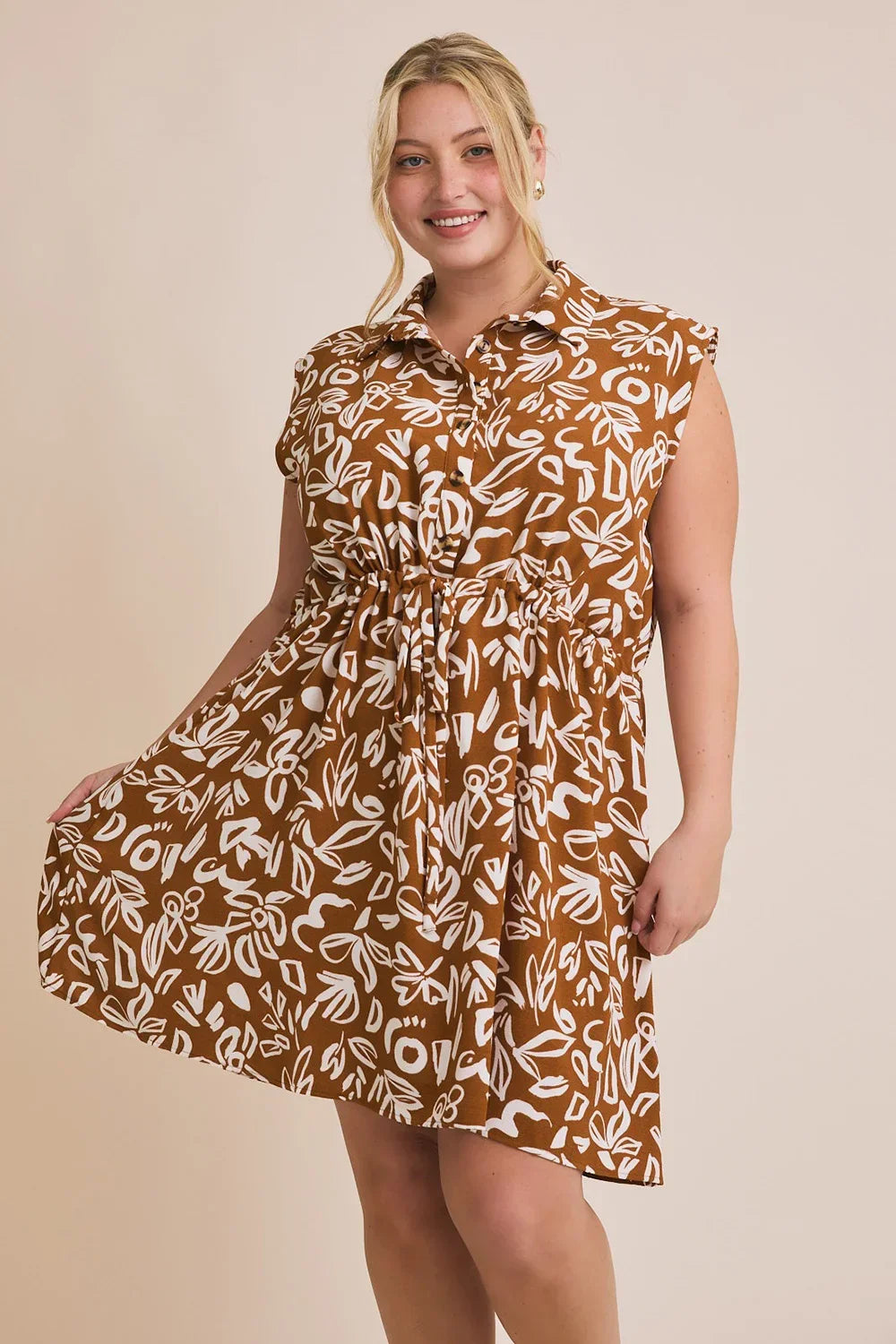 Plus Size Abstract Floral Print Collared Sleeveless Boho Caramel Summer Dress Plus Size Abstract Floral Print Collared Sleeveless Boho Caramel Summer Dress