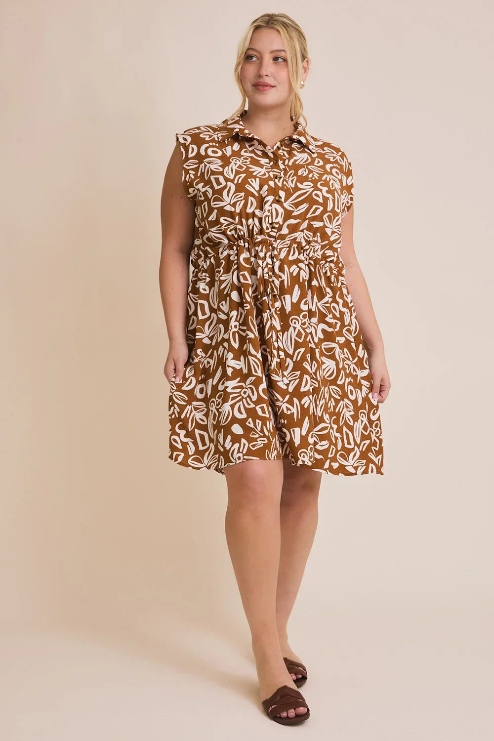 Plus Size Abstract Floral Print Collared Sleeveless Boho Caramel Summer Dress - Tasha Apparel Wholesale