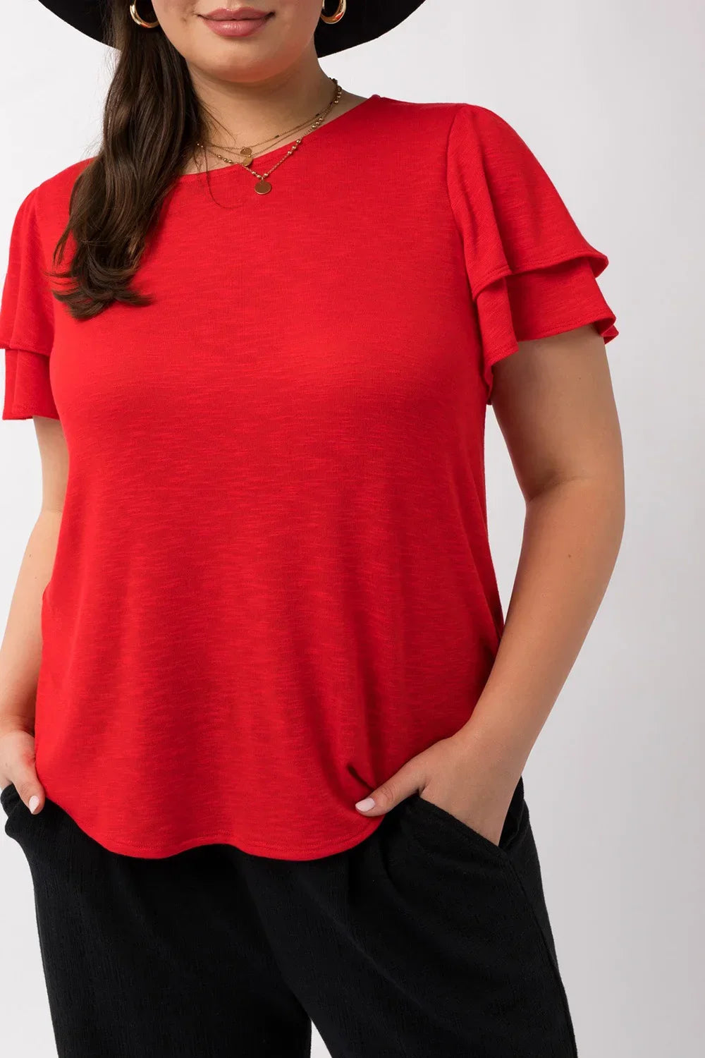 Plus Size Layered Flutter Sleeve Summer Blouse - Tasha Apparel Wholesale