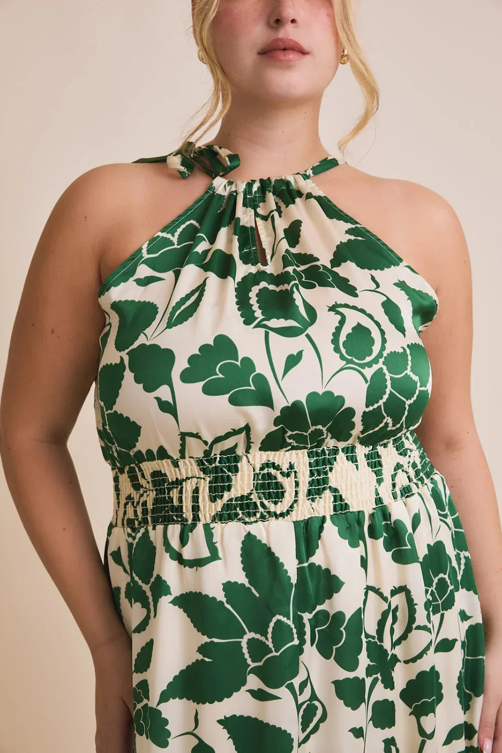 Plus Size Halter Neck Floral Print Smocked Waist Midi Dress - Tasha Apparel Wholesale