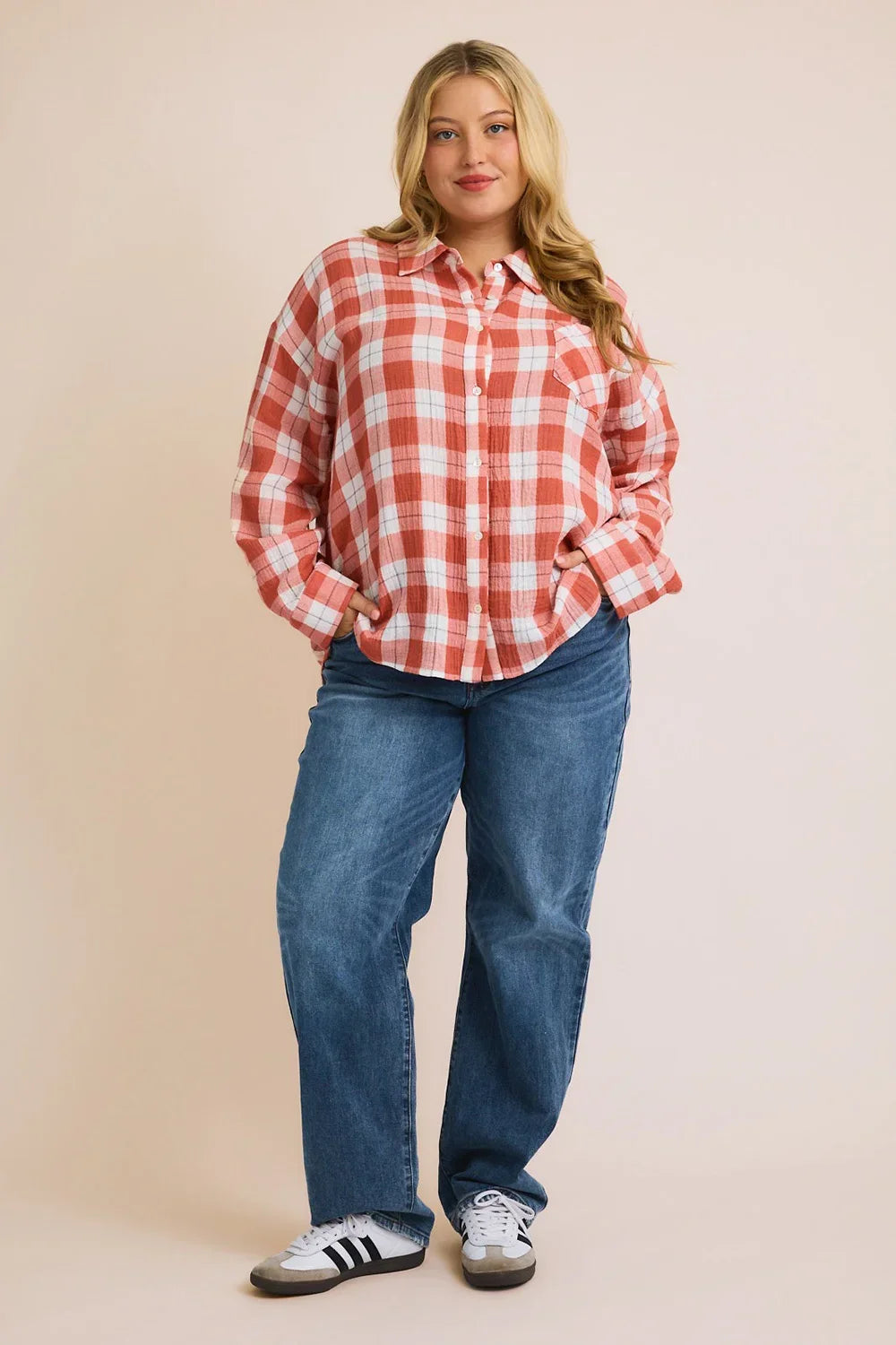 Plus Size Cotton Plaid Button Down Long Sleeve Lightweight Shirt - Tasha Apparel Wholesale