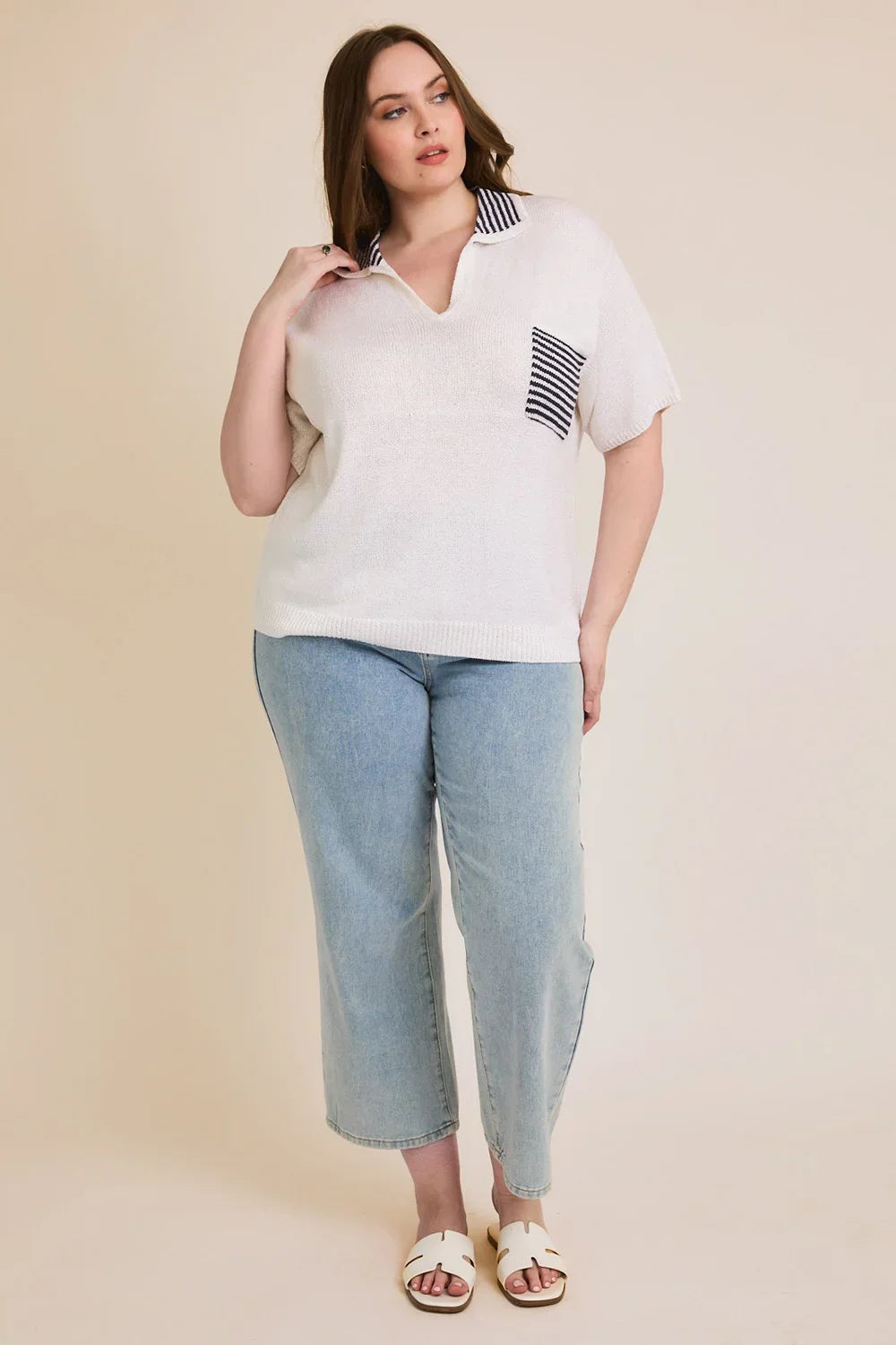 Plus Size V-Neck Striped Collar Knit Single Pocket Preppy Summer Sweater - Tasha Apparel Wholesale