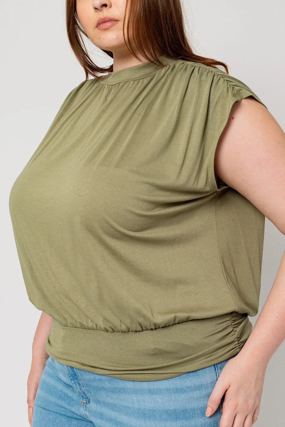 Plus Size Mock Neck Sleeveless Gathered Waist Trendy Olive Green Summer Top - Tasha Apparel Wholesale