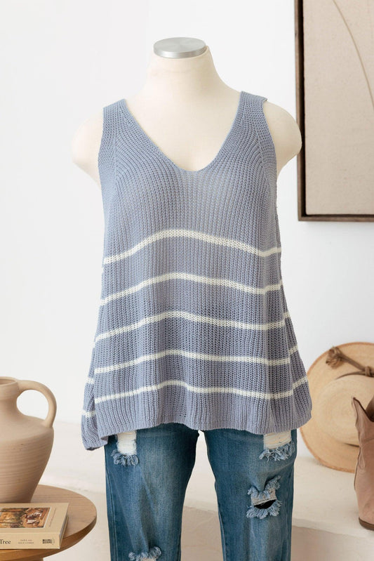Plus Size Sleeveless V-Neck Striped Sweater Top - Tasha Apparel Wholesale