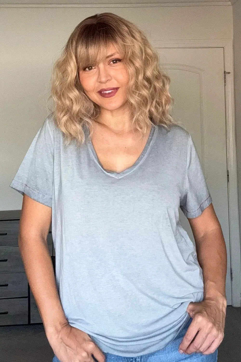 Plus Size Light Blue Basic Essential V-Neck Short Sleeve Top - Tasha Apparel Wholesale