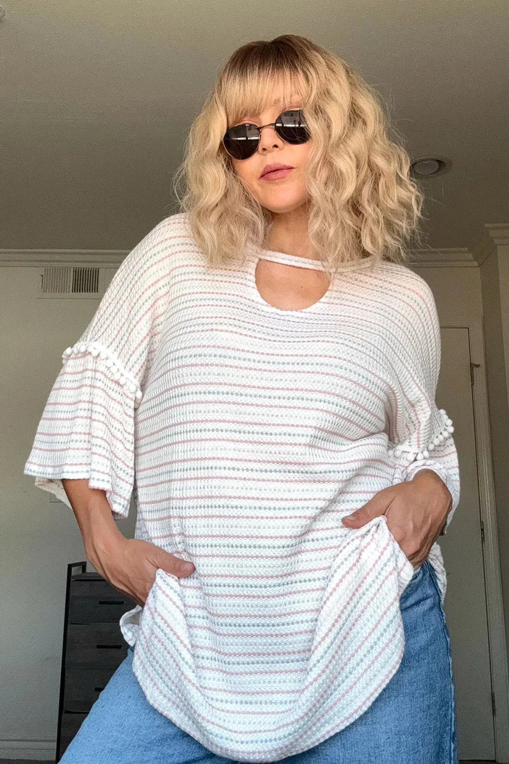 Plus Size Boho Pastel Striped Pom-Pom Bell Sleeve Keyhole Top - Tasha Apparel Wholesale