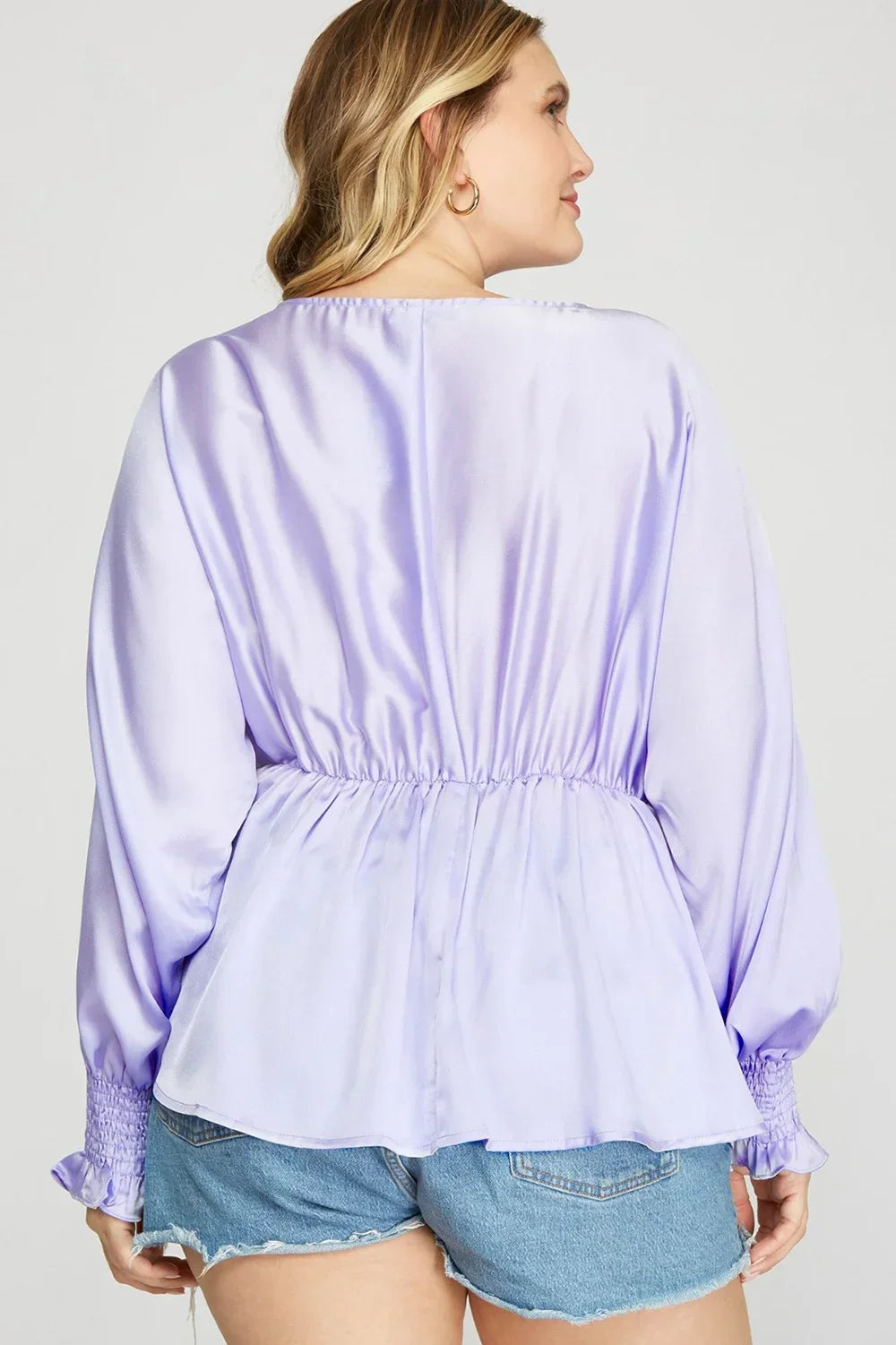 Plus Size Silky V-Neck Smocked Cuffs Peplum Blouse - Elegant Flowy Top - Tasha Apparel Wholesale