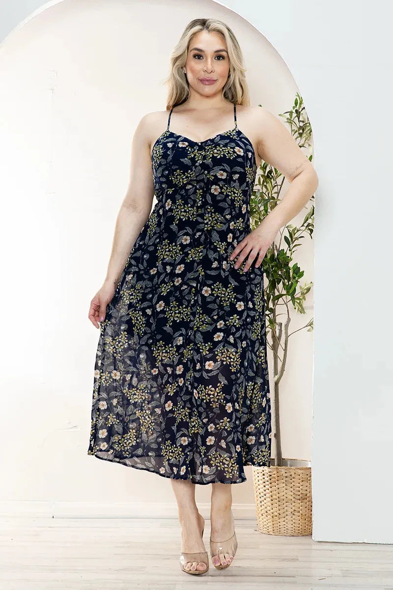 Plus Size Floral Chiffon Sweetheart Neckline Midi Dress - Tasha Apparel Wholesale