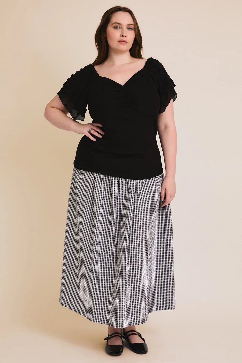 Plus Size Ribbed Swiss Dot Flutter Sleeve V-Neck Elegant Black Summer Blouse - Tasha Apparel Wholesale