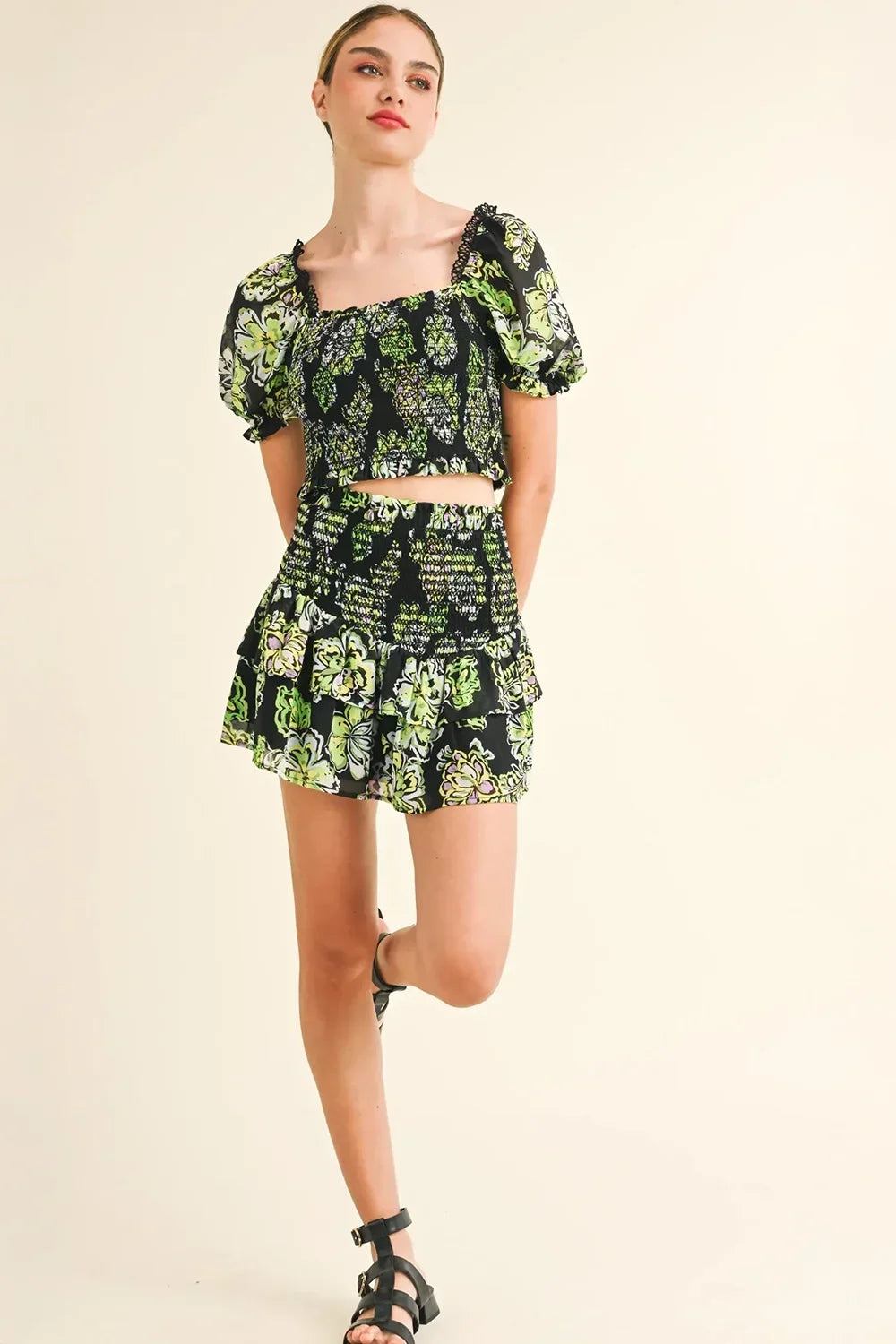 Smocked Puff Sleeve Crop Top Black Green Floral Print Ruffle Mini Skirt Set - Tasha Apparel Wholesale