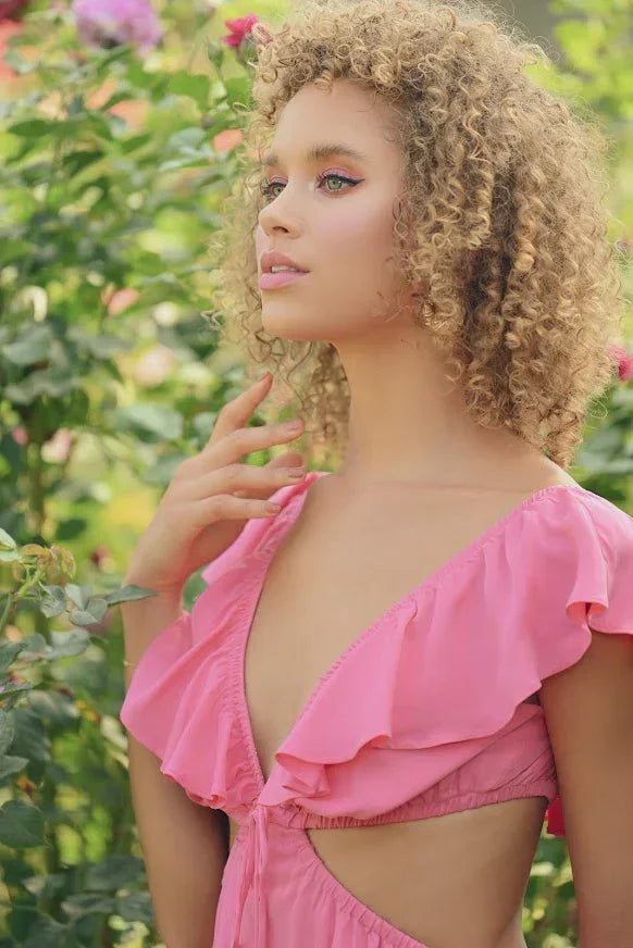 Ruffle Sleeve Cutout Waist Tie Front V-Neck Mini Dress - Tasha Apparel Wholesale