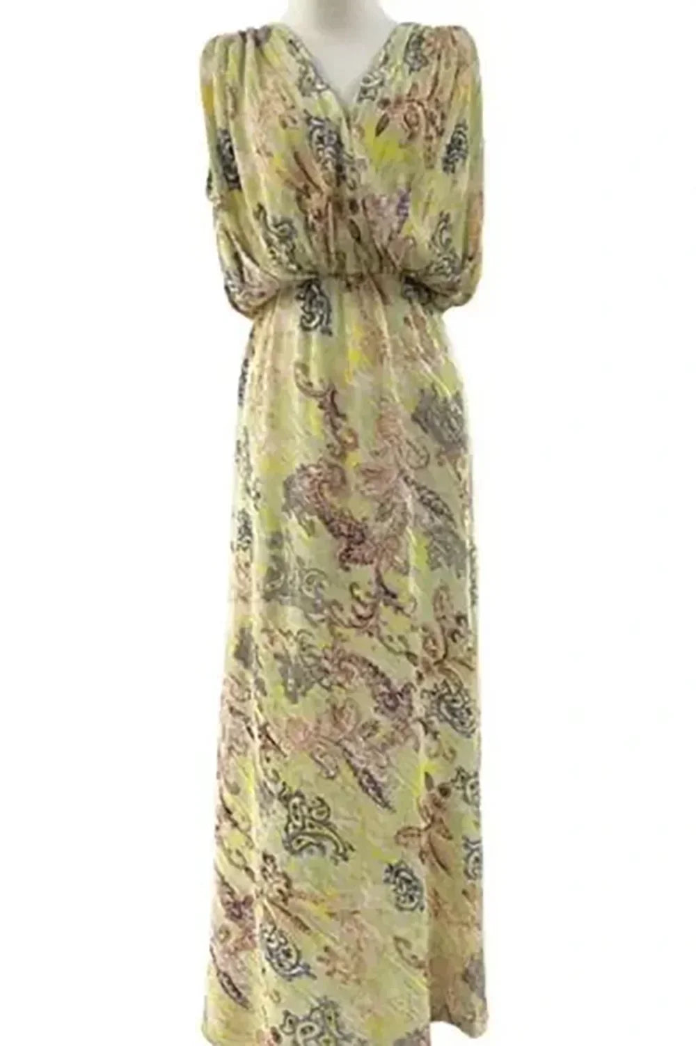 Sleeveless V Neck Green Yellow Paisley Print Cross Back Tie Waist Maxi Dress - Tasha Apparel Wholesale