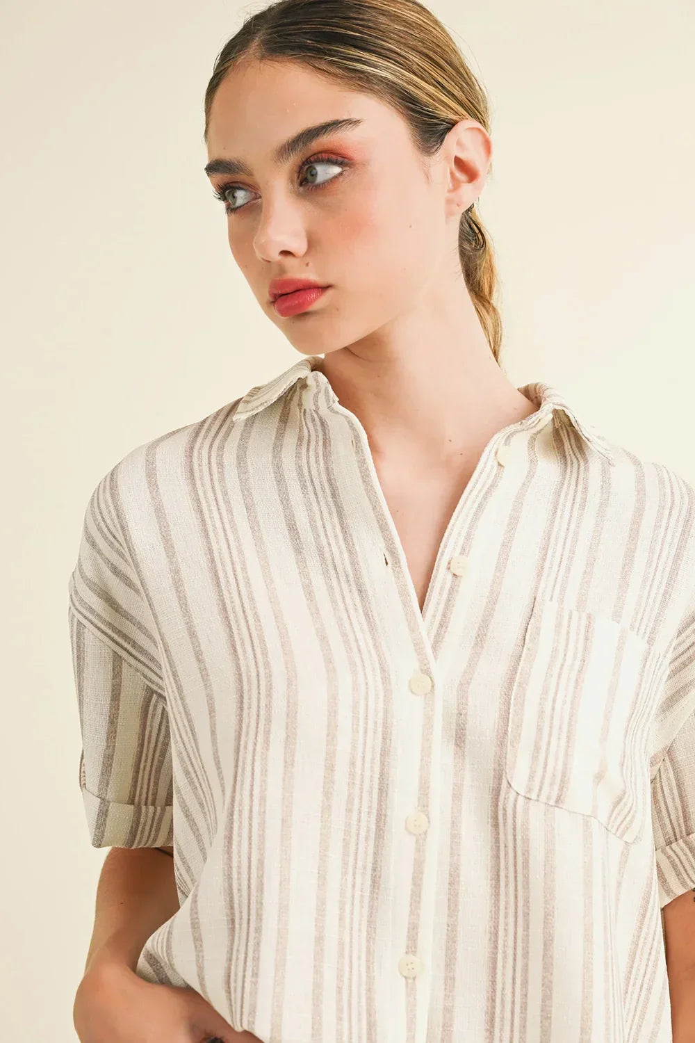 Linen Striped Button Down Short Sleeve Shirt and High Waisted Shorts Set - Tasha Apparel Wholesale