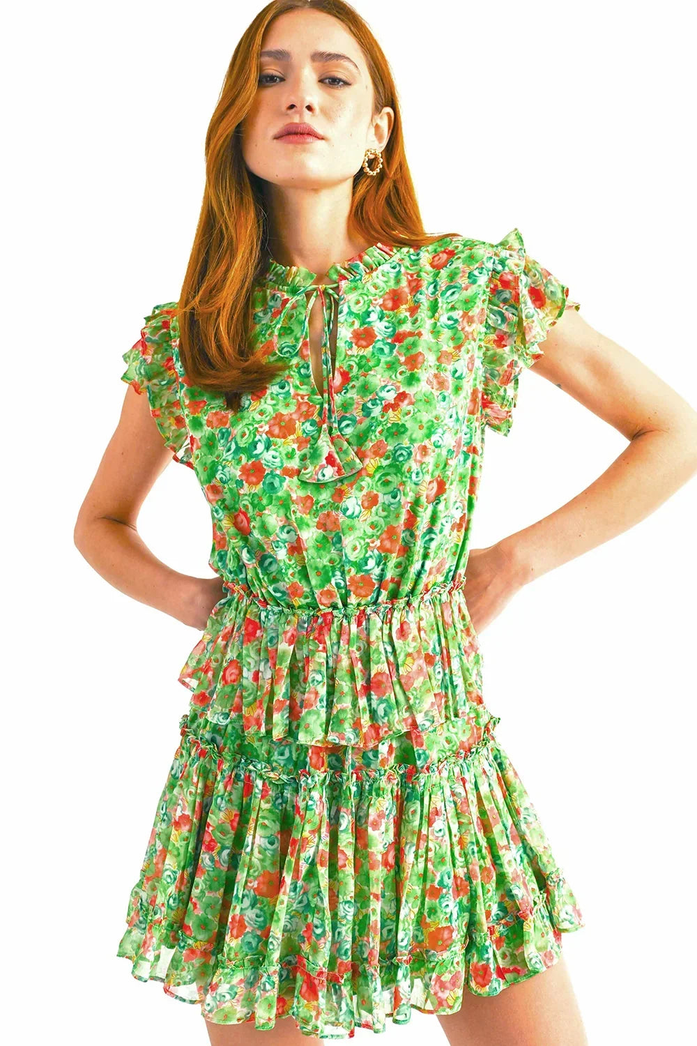 Green Red Floral Print Ruffle Sleeve Keyhole Neck Smocked Tiered Mini Dress - Tasha Apparel Wholesale