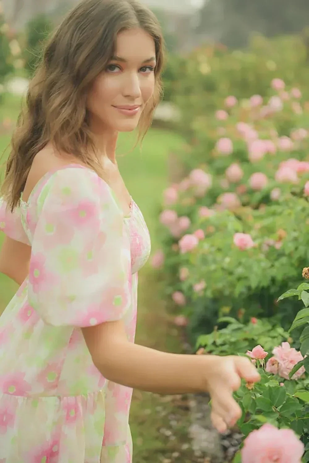 Pink Green Floral Print Puff Sleeve Square Neck Smocked Tiered Mini Dress - Tasha Apparel Wholesale